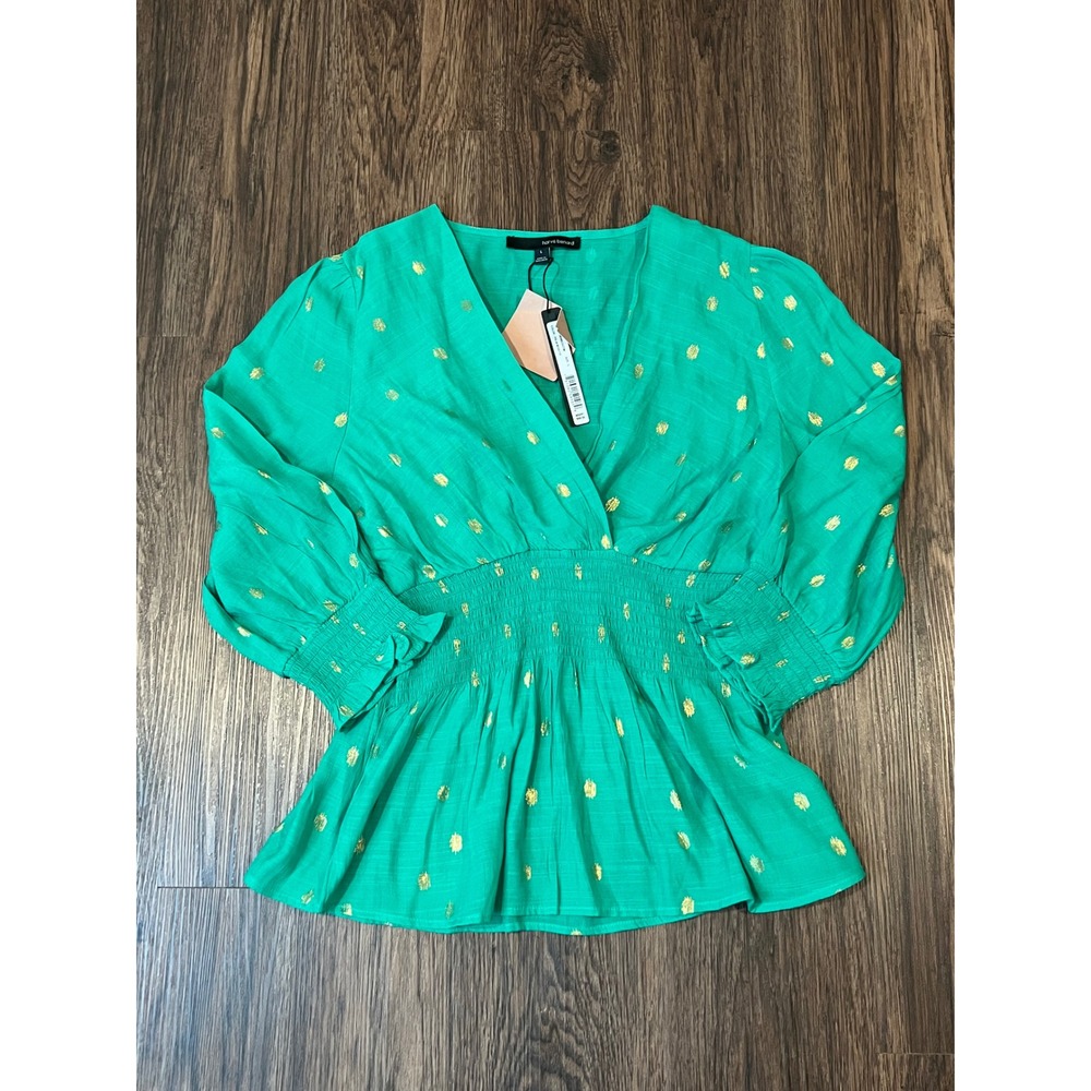 Harve Benard Green Gold Foil Polka Dot Smocked Peplum Top V-Neck NWT HBW623 L